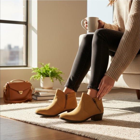 Sun + Stone Micro Suede Double Zipper Booties Boots Sz 8.5 WIDE Caramel Brown - Picture 2 of 14